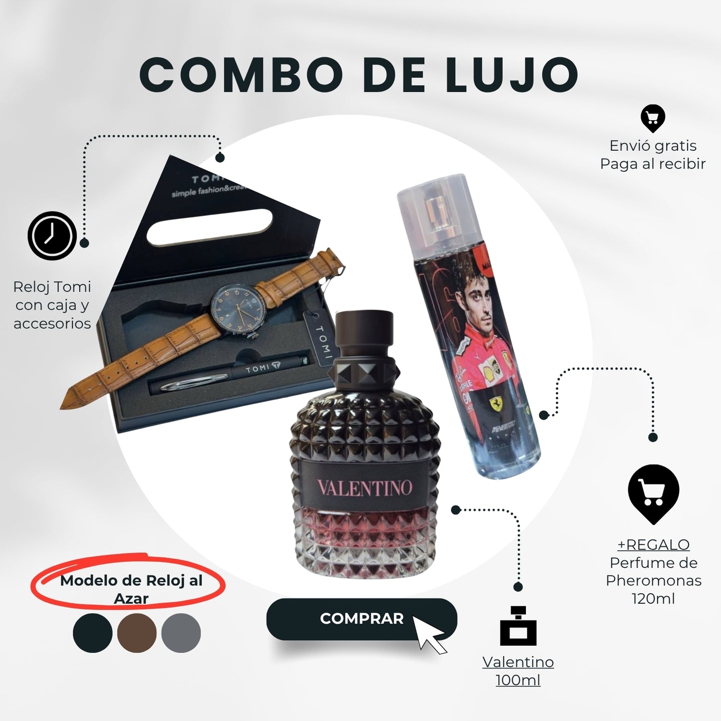 COMBO LUJO MAGNÉTICO - Valentino Uomo + Reloj Tomi Premium + Loción Feromonas - El Arsenal del Éxito