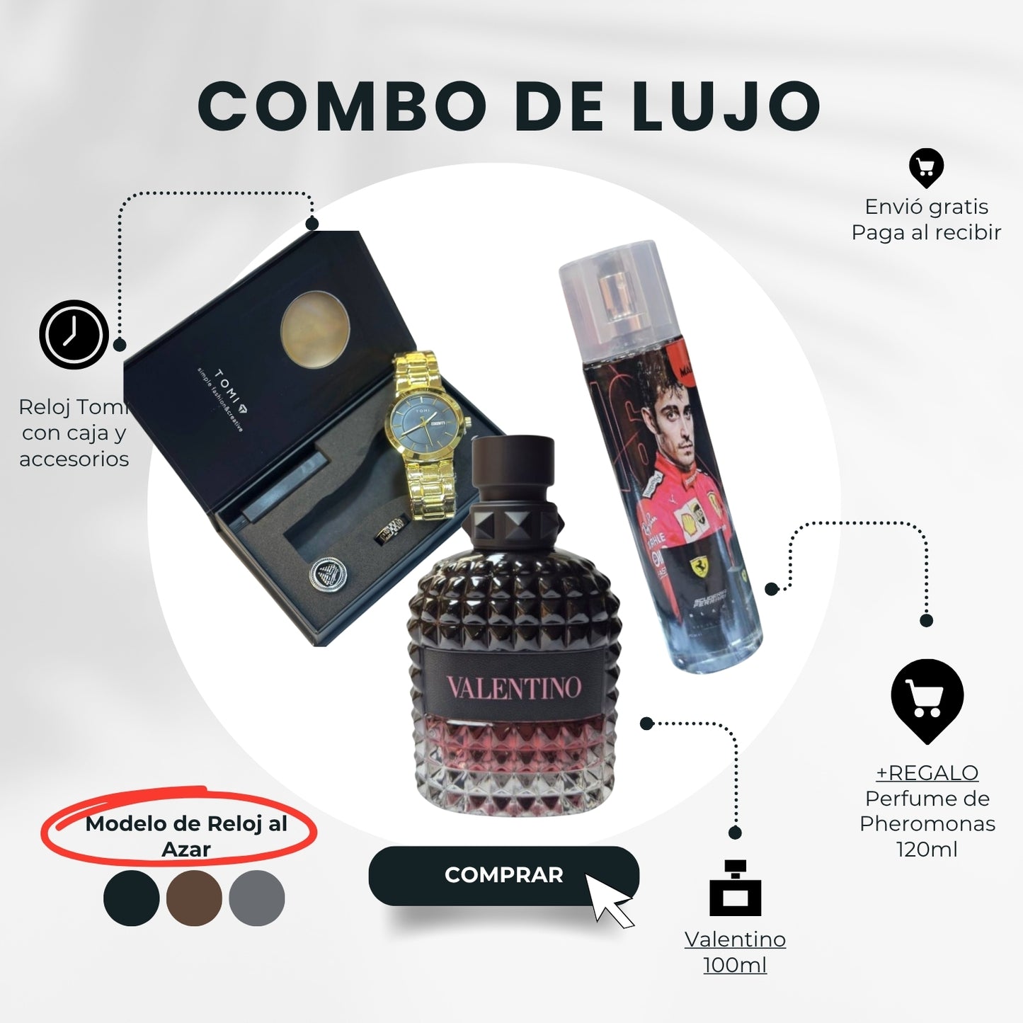 COMBO LUJO MAGNÉTICO - Valentino Uomo + Reloj Tomi Premium + Loción Feromonas - El Arsenal del Éxito