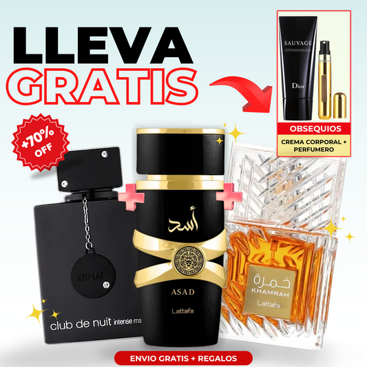 COMBO ÁRABE PREMIUM | CLUB DE NUIT 100ml + ASAD LATAFFA 100ml + KHAMRAH 100ml + REGALOS