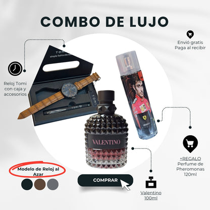 COMBO LUJO MAGNÉTICO - Valentino Uomo + Reloj Tomi Premium + Loción Feromonas - El Arsenal del Éxito