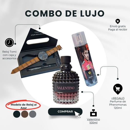 COMBO LUJO MAGNÉTICO - Valentino Uomo + Reloj Tomi Premium + Loción Feromonas - El Arsenal del Éxito