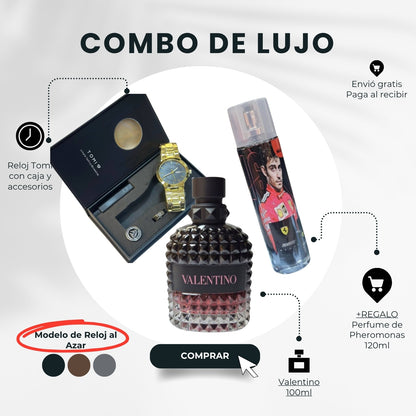 COMBO LUJO MAGNÉTICO - Valentino Uomo + Reloj Tomi Premium + Loción Feromonas - El Arsenal del Éxito